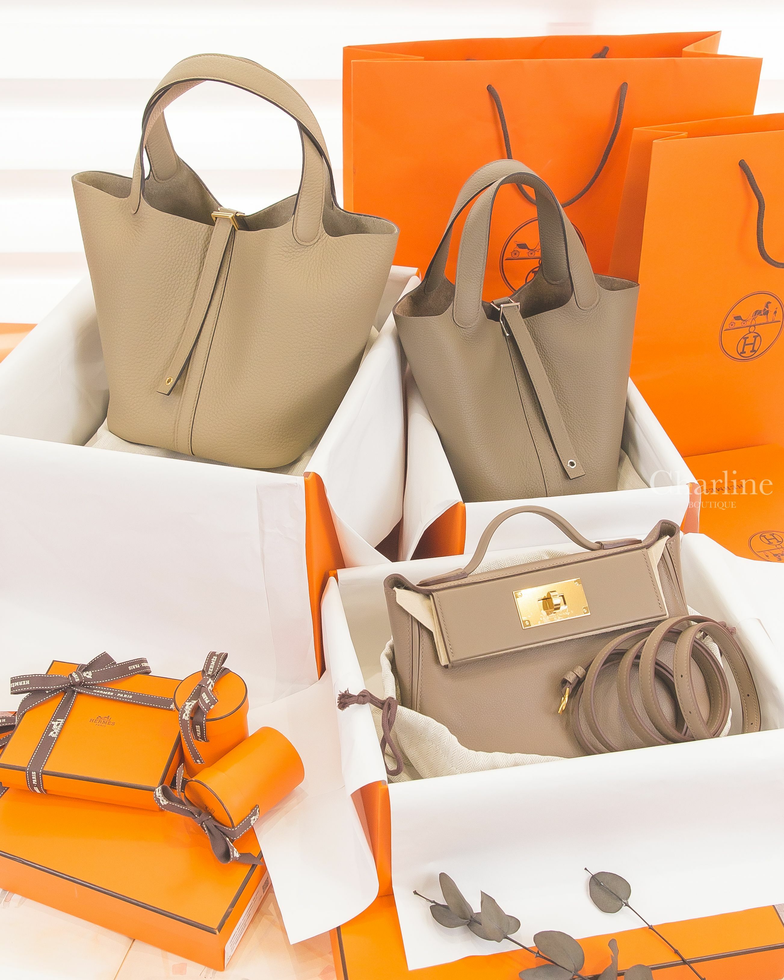 Hermès Picotin 22cm 8Q 馬爾法米色金釦,Hermès Picotin 18cm M1 牛至色銀釦,Hermès Mini Kelly 24/24 18 大象灰同色縫線金釦-Charline Boutique 精品代購