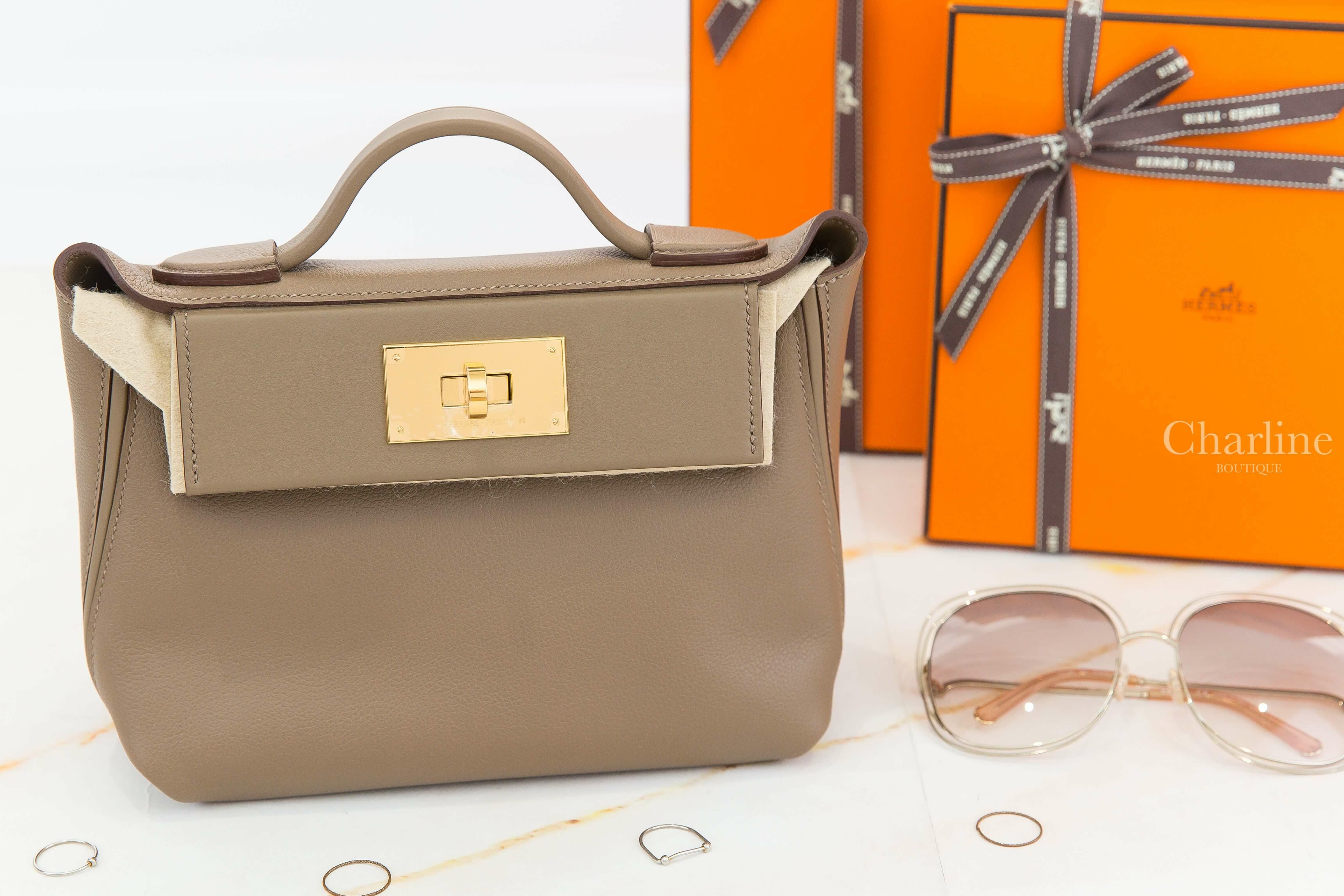 Hermès Mini Kelly 24/24 21 18 Etoupe Veau Togoa/Veau Swift 大象灰同色縫線金釦手提肩背包