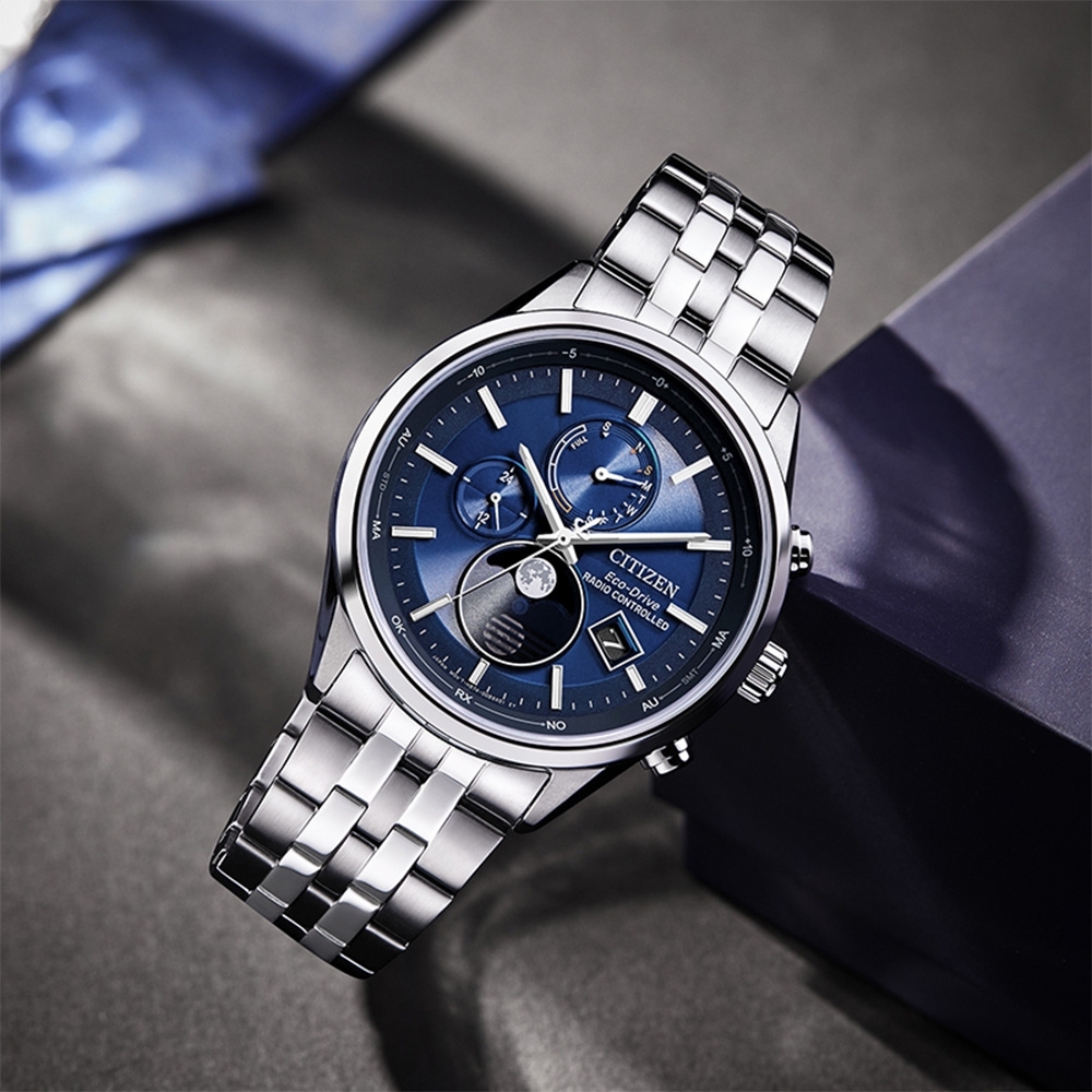 萬年鐘錶 - Citizen 星辰錶  藍面盤月相光動能電波萬年曆男錶 BY1030-50L 錶徑42MM