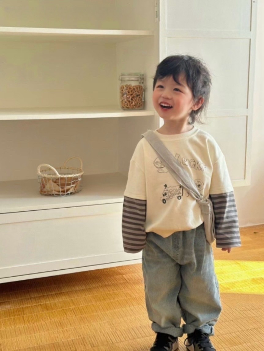 假兩件條紋袖T恤