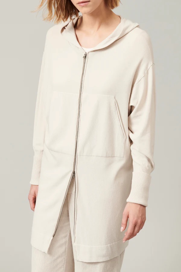 TRANSIT 連帽拉鍊拼接羅紋袖外套(米白)