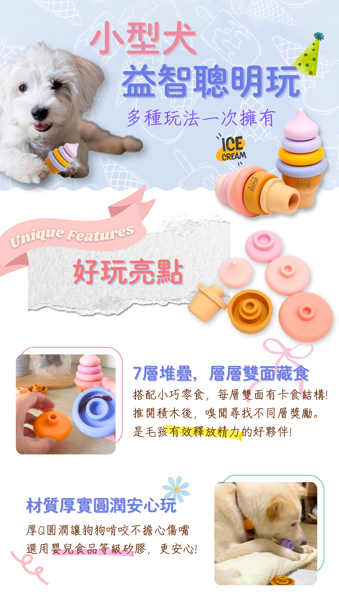 小型犬毛毛嘴冰淇淋甜筒造型益智玩具，初階狗狗零食慢食食具