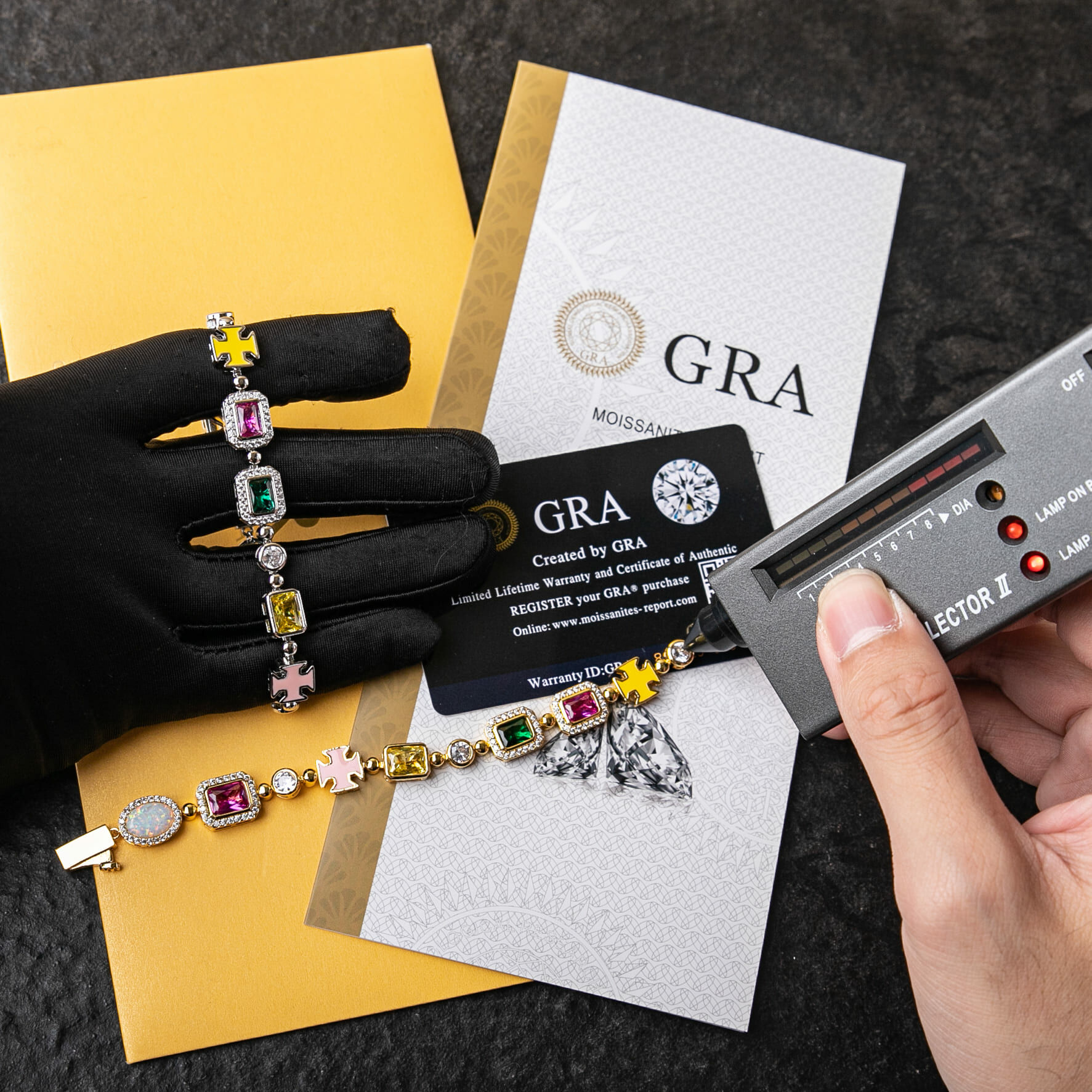 925純銀莫桑石10mm彩色中央寶石珐瑯十字架手鍊