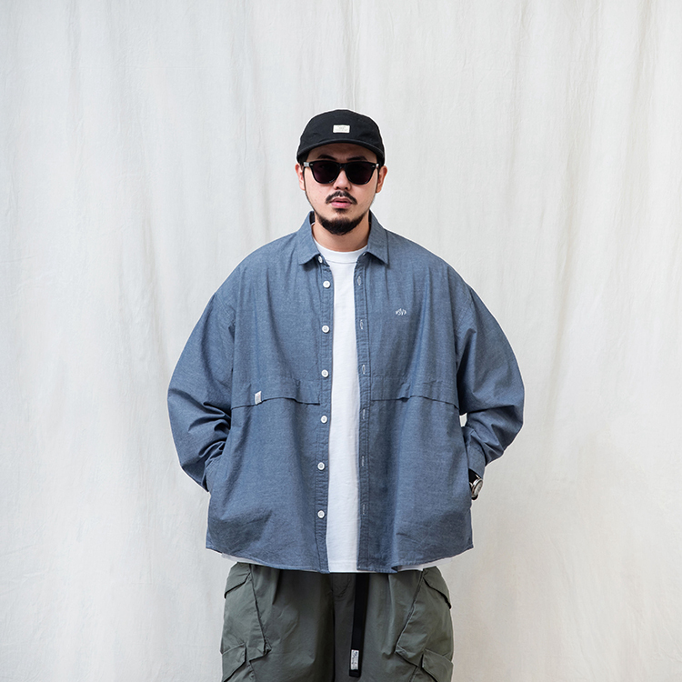 PERSEVERE 寬版外搭式長袖襯衫 電繡 輕薄 青年淺藍/灰白粗條紋 24 S/S Brand Logo Long-Sleeve Shirts