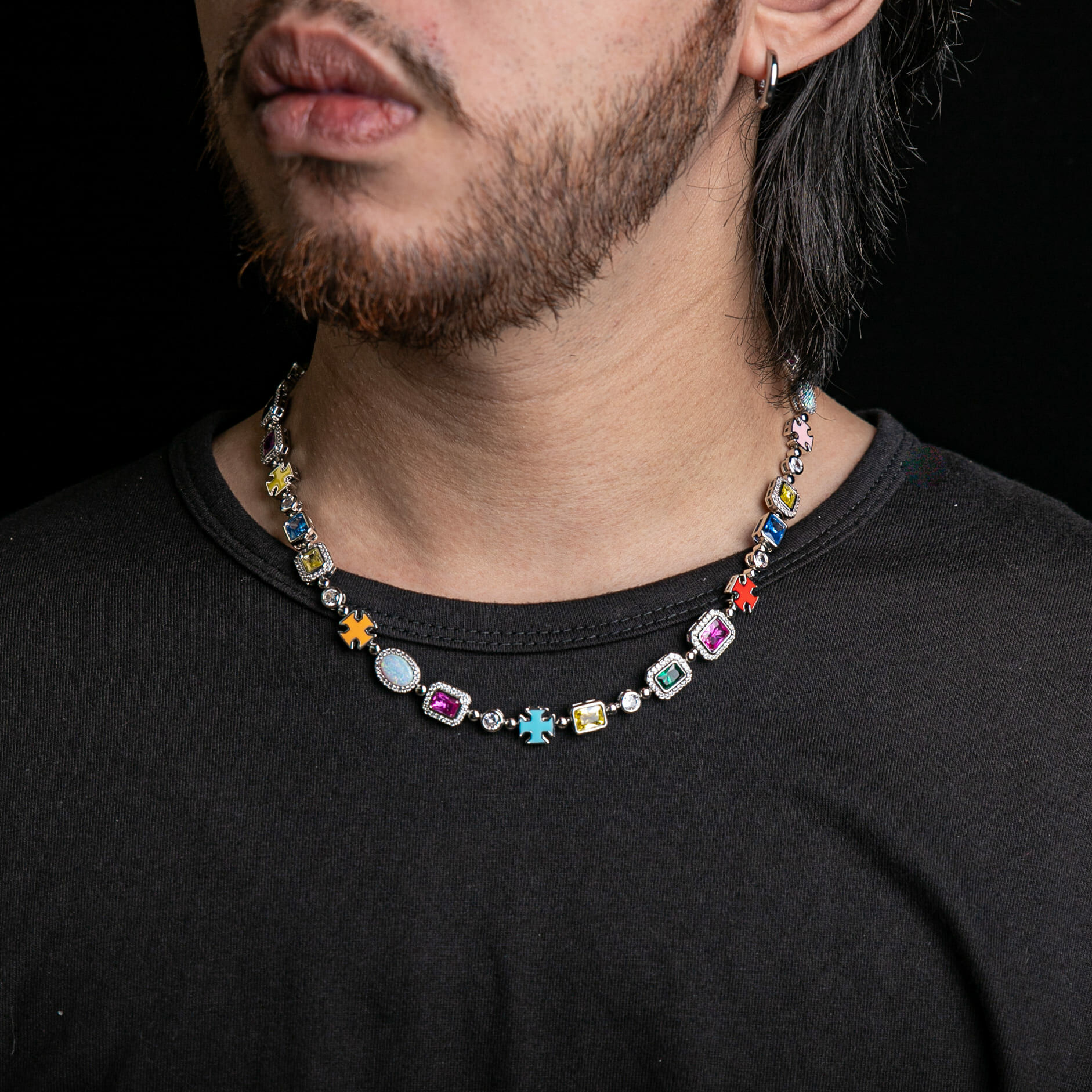 925純銀莫桑石10mm彩色中央寶石珐瑯十字架項鍊