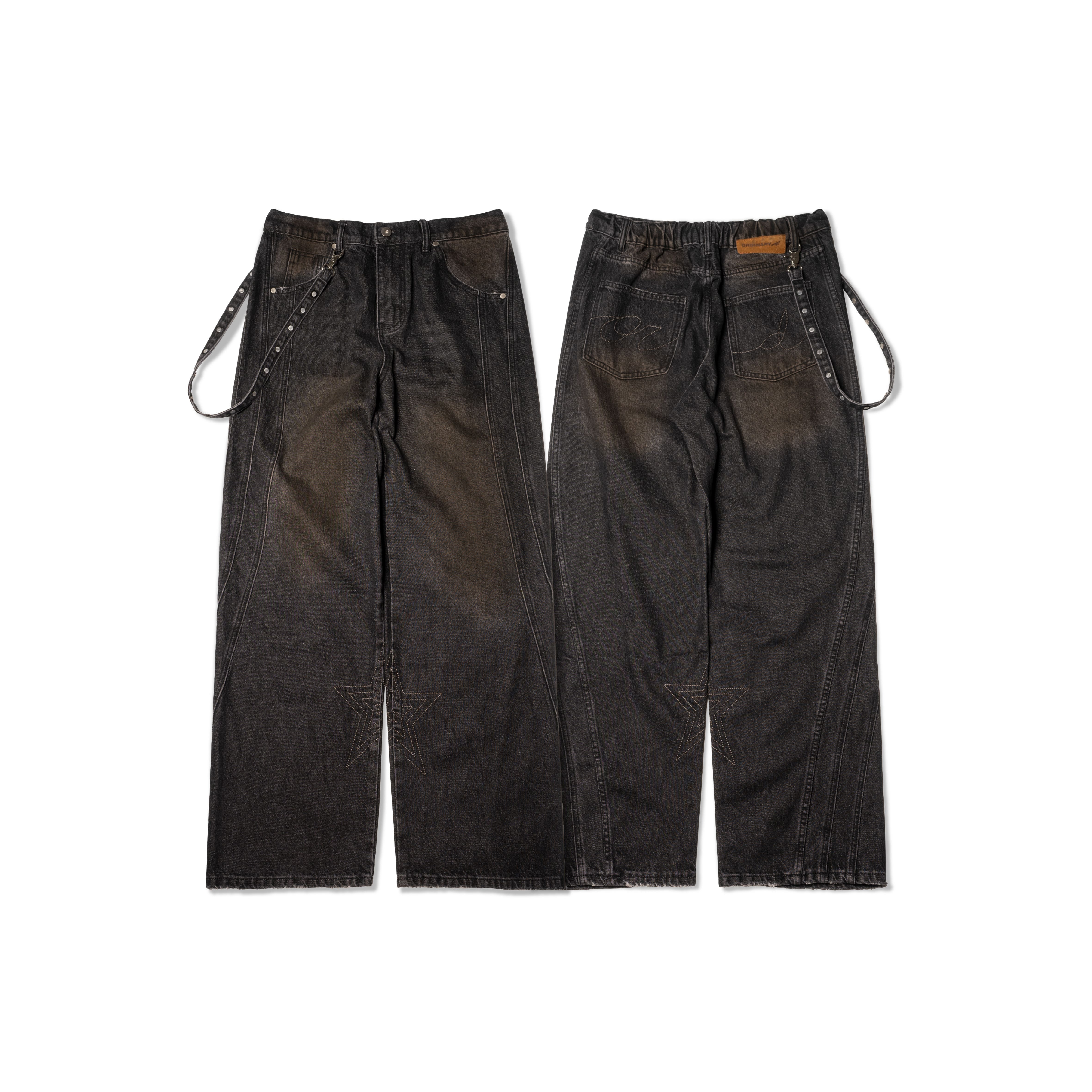 ORDINARY / 不規則卯釘直筒牛仔褲 - 黑色,藍色