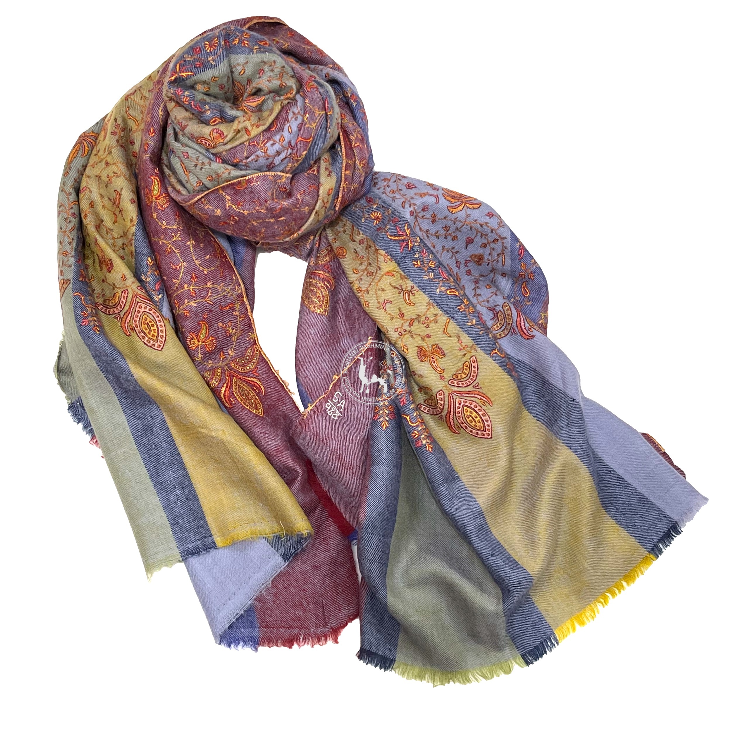 五色條紋刺繡喀什米爾披肩