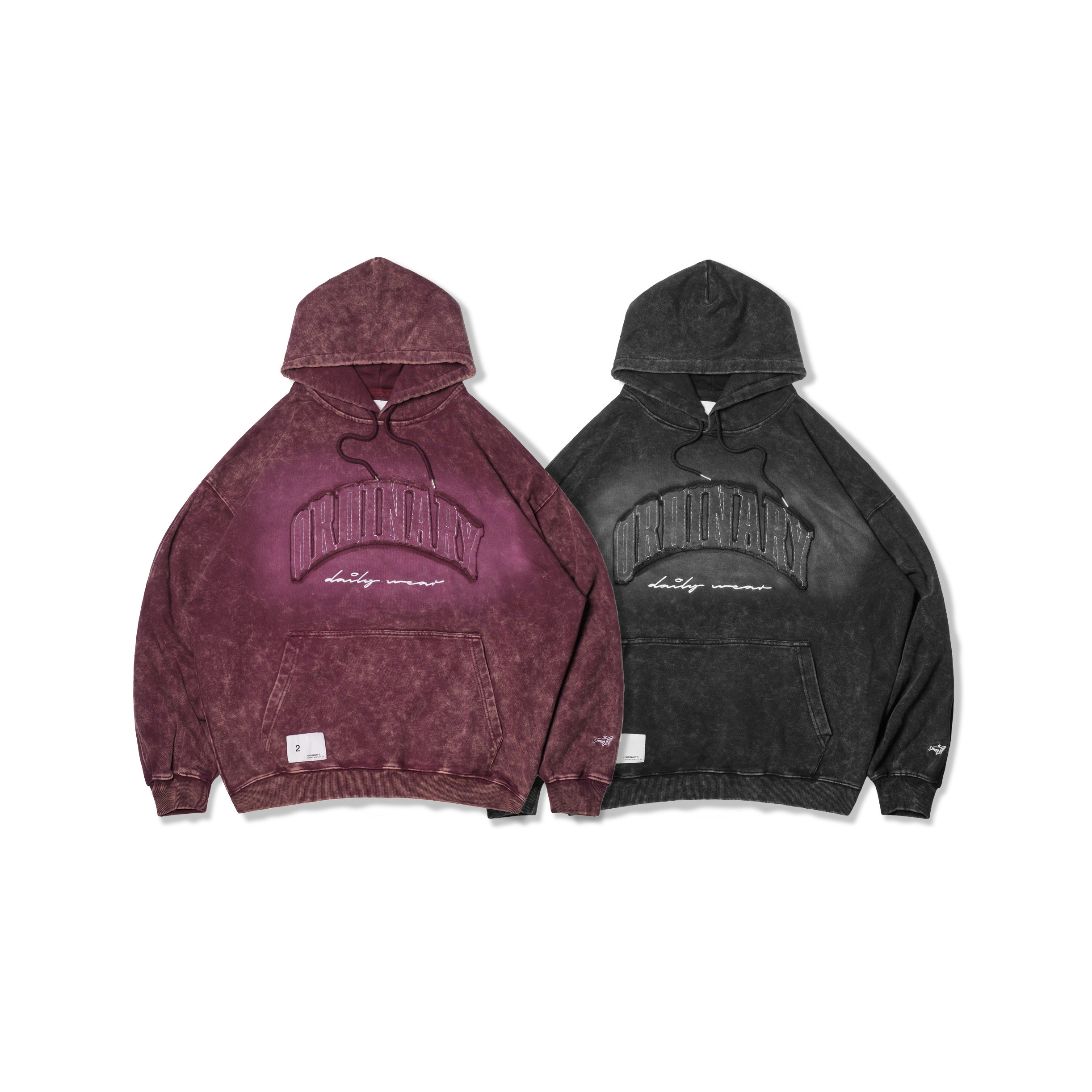 ORDINARY / 水洗不修邊貼布LOGO帽TEE - 水洗黑,水洗酒紅