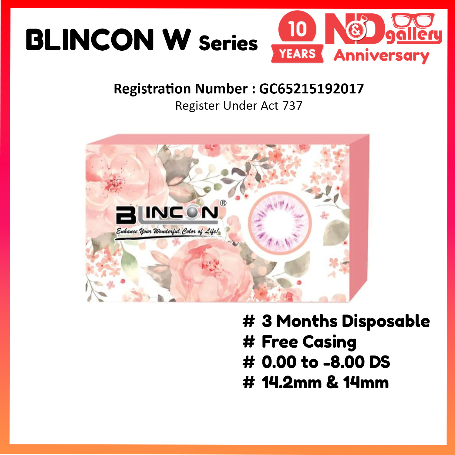 Blincon W Series 3 Months Disposable 2pcs/Box 0.00 to -8.00DS