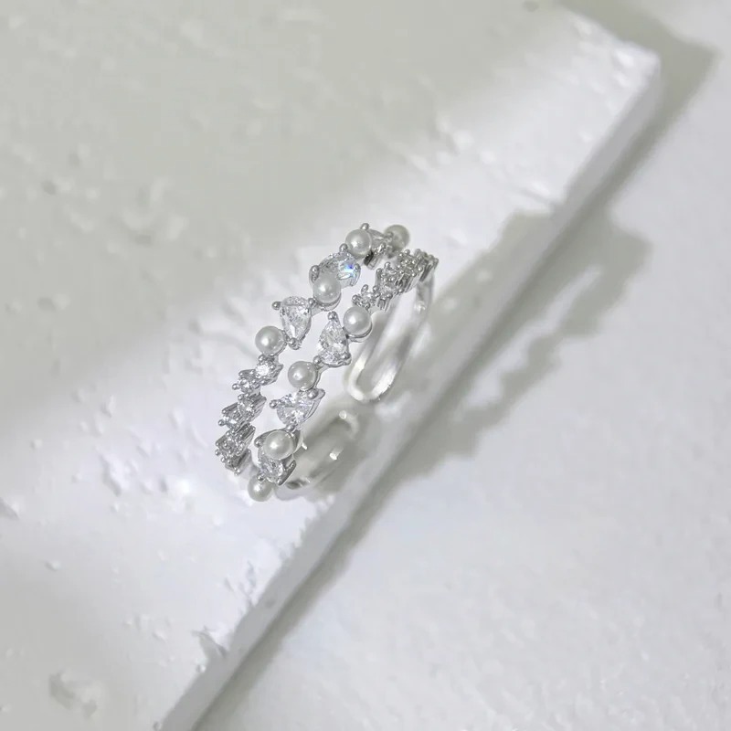 氣質小珍珠細閃鑽雙層戒指