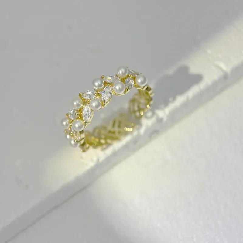 氣質珍珠鑽葉戒指