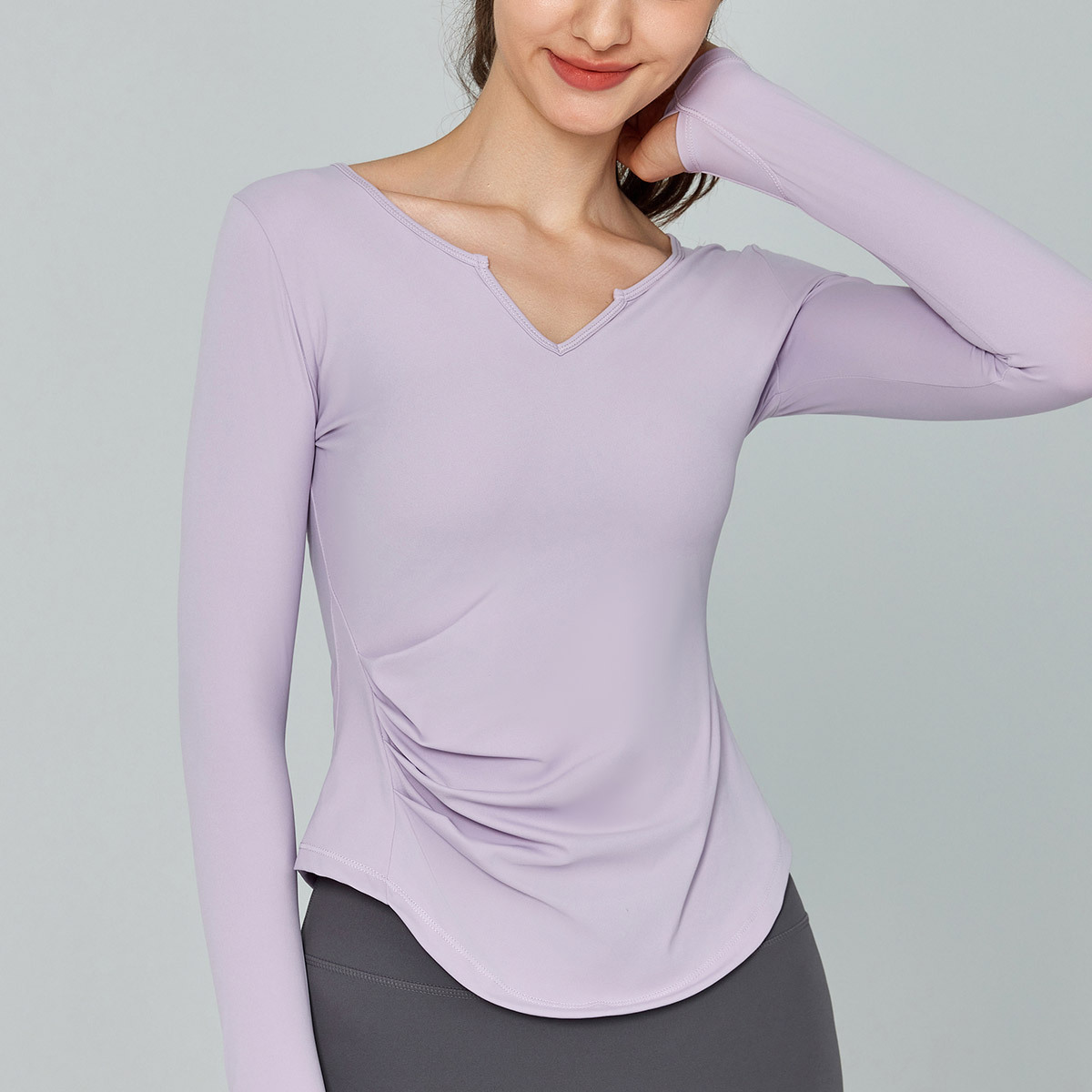 V領抓皺插指瑜珈/運動/機能長袖