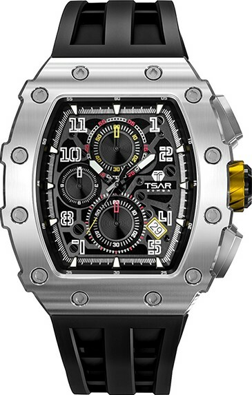萬年鐘錶 - TSAR BOMBA 機械公爵  元素面盤銀框黑色三眼計時矽膠錶帶男錶  TB8204Q-31  錶徑 43MM