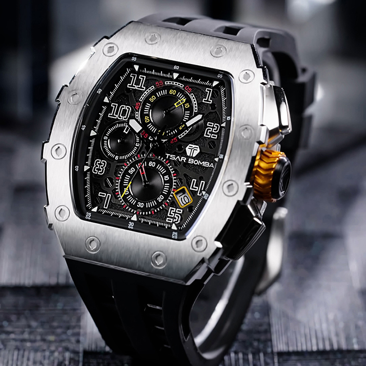 萬年鐘錶 - TSAR BOMBA 機械公爵  元素面盤銀框黑色三眼計時矽膠錶帶男錶  TB8204Q-31  錶徑 43MM