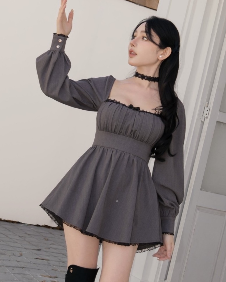 訂製-純欲方領蕾絲撞色連身褲裝