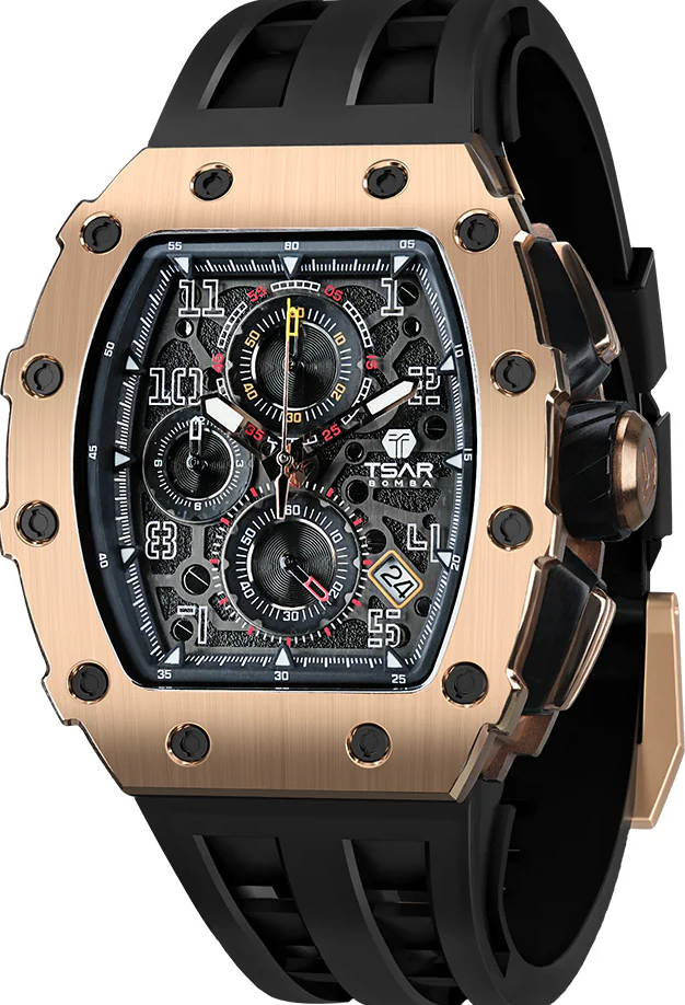 萬年鐘錶 - TSAR BOMBA 機械公爵 元素面盤玫瑰金錶框黑色三眼計時矽膠錶帶男錶  TB8204Q-35  錶徑 43MM