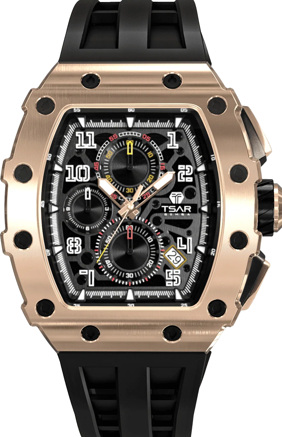 萬年鐘錶 - TSAR BOMBA 機械公爵 元素面盤玫瑰金錶框黑色三眼計時矽膠錶帶男錶  TB8204Q-35  錶徑 43MM