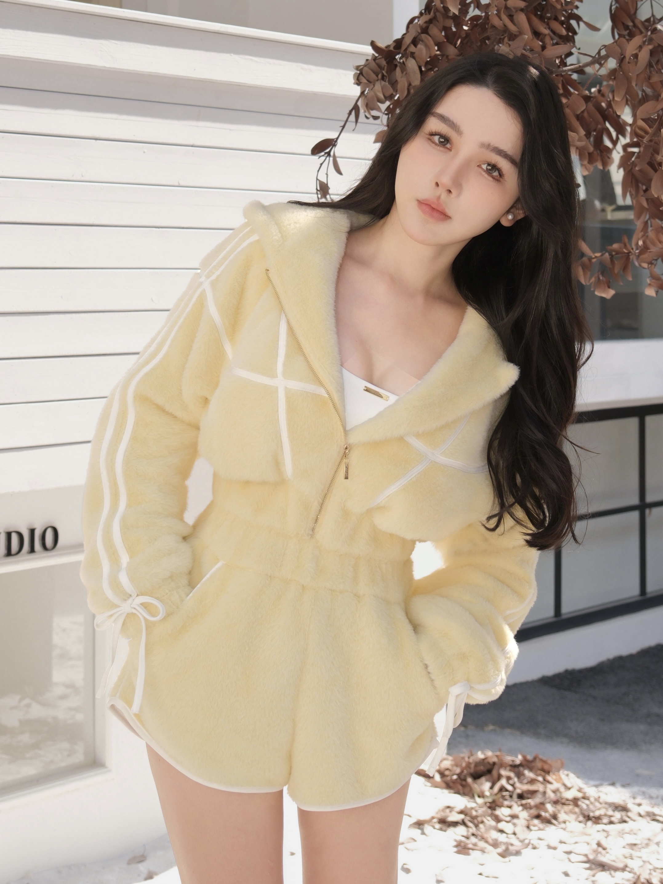 訂製-甜美毛海撞色線條連帽套裝