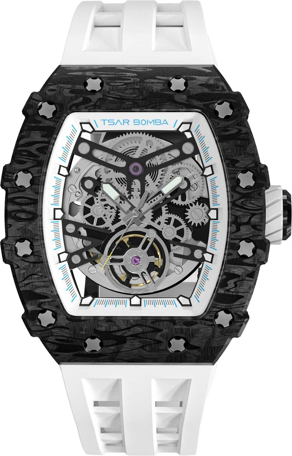 萬年鐘錶 - TSAR BOMBA 機械公爵  黑色碳纖維錶框矽膠錶帶機械透視機芯男錶 TB8208CF-10 錶徑 43MM