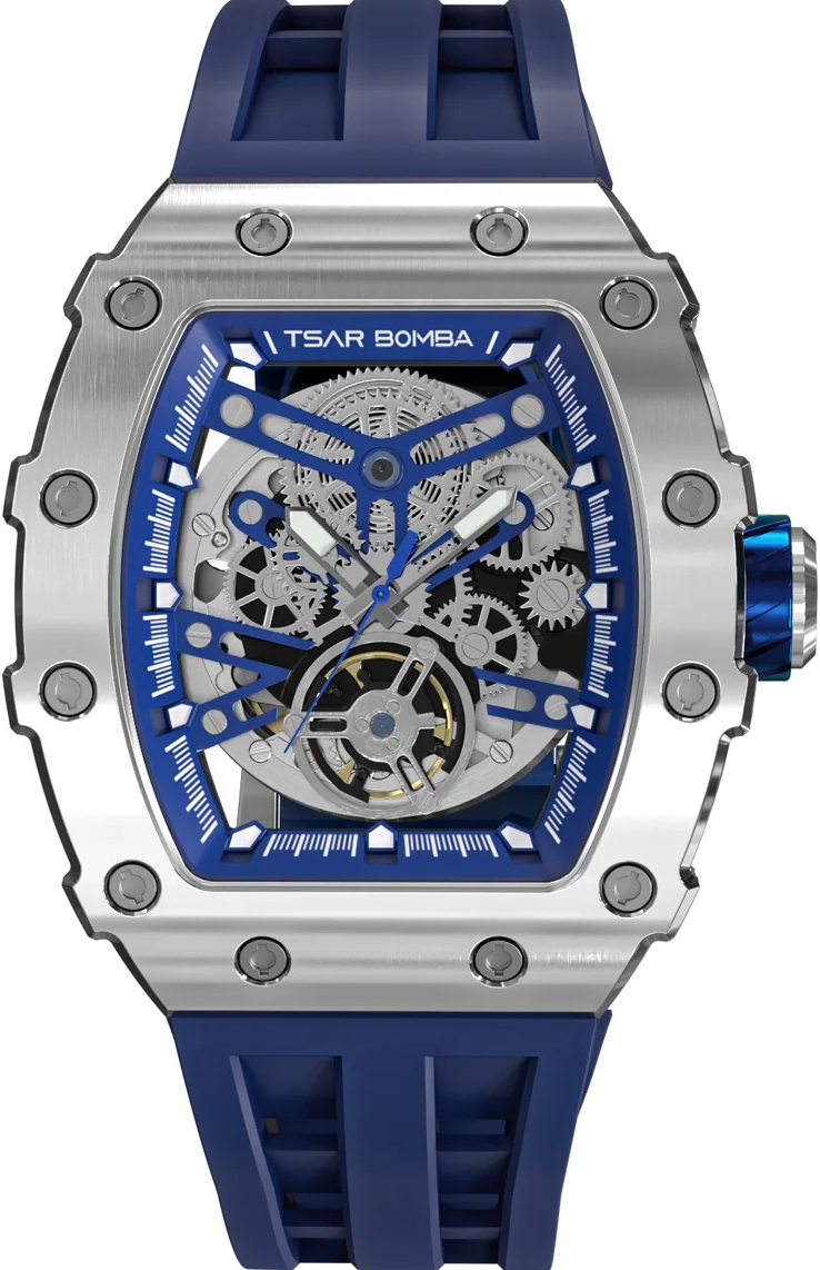 萬年鐘錶 - TSAR BOMBA 機械公爵 銀色框矽膠錶帶機械透視機芯男錶 TB8208A-11 錶徑 43MM