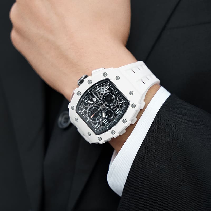 萬年鐘錶 - TSAR BOMBA 機械公爵 元素面盤白色生化陶瓷框三眼計時矽膠錶帶男錶  TB8204B-01 錶徑 43MM