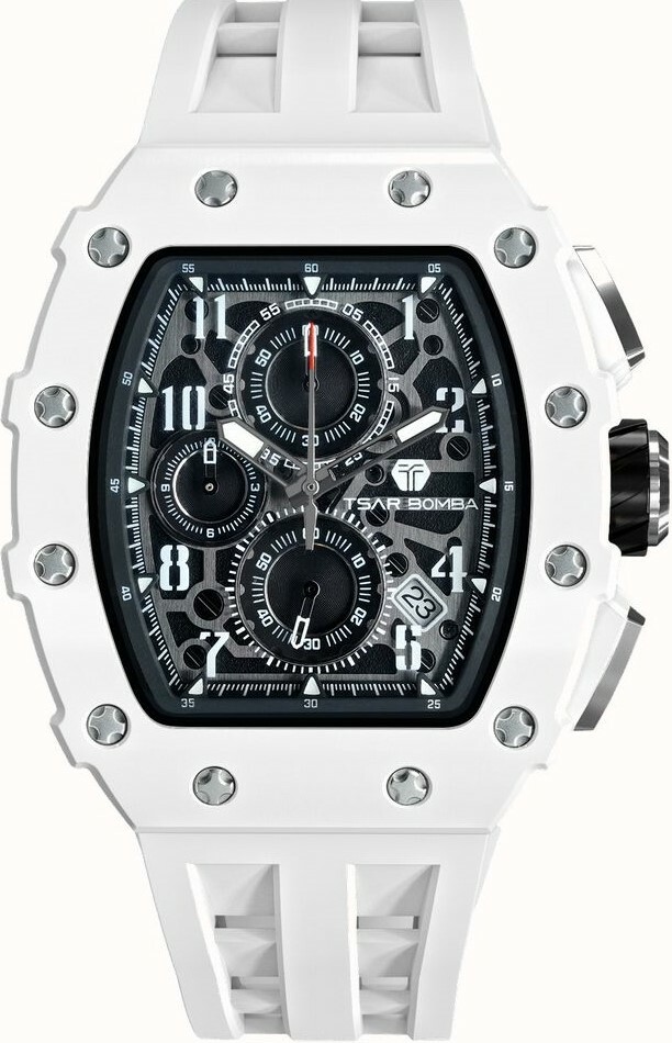 萬年鐘錶 - TSAR BOMBA 機械公爵 元素面盤白色生化陶瓷框三眼計時矽膠錶帶男錶  TB8204B-01 錶徑 43MM