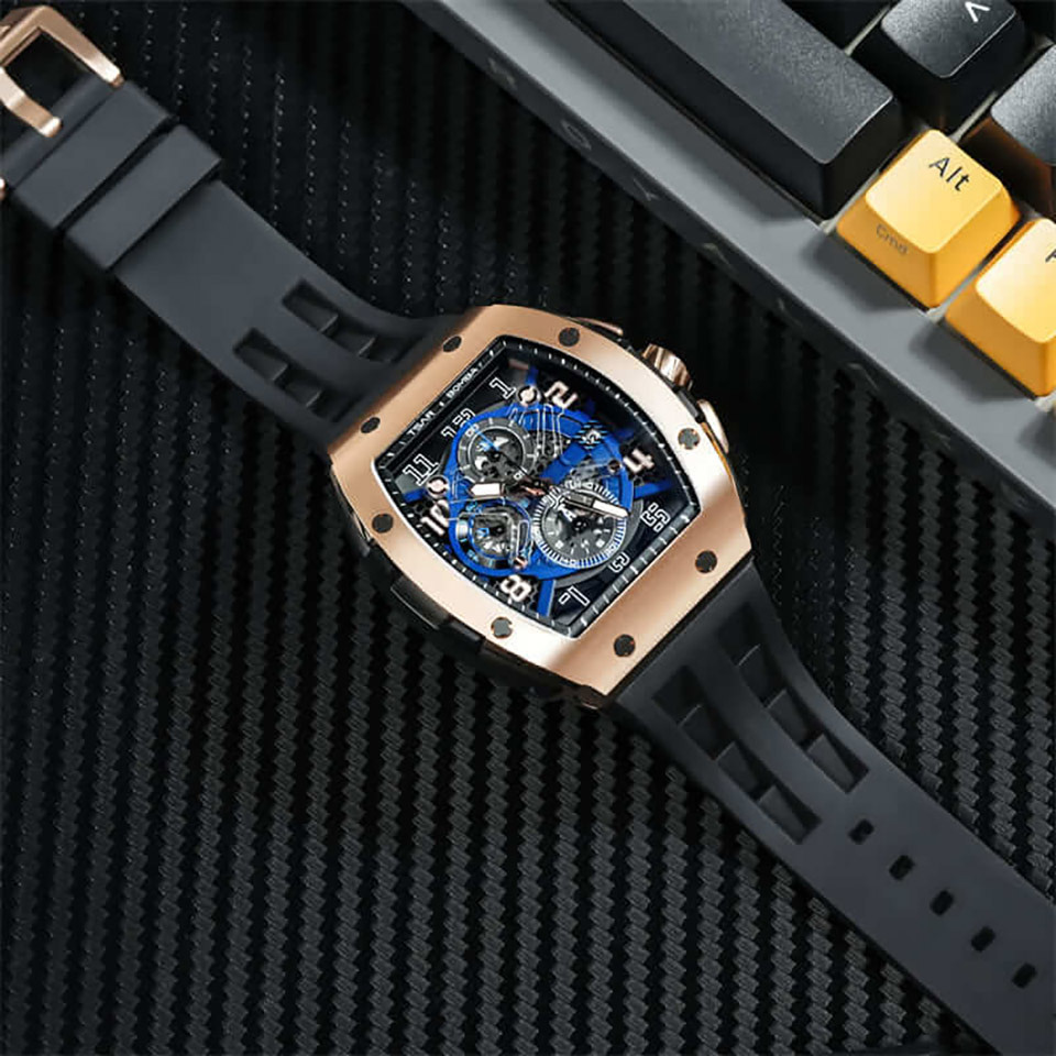 萬年鐘錶 - TSAR BOMBA 機械公爵 元素面盤玫瑰金框藍面三眼計時矽膠錶帶男錶  TB8211Q-05  錶徑 43MM