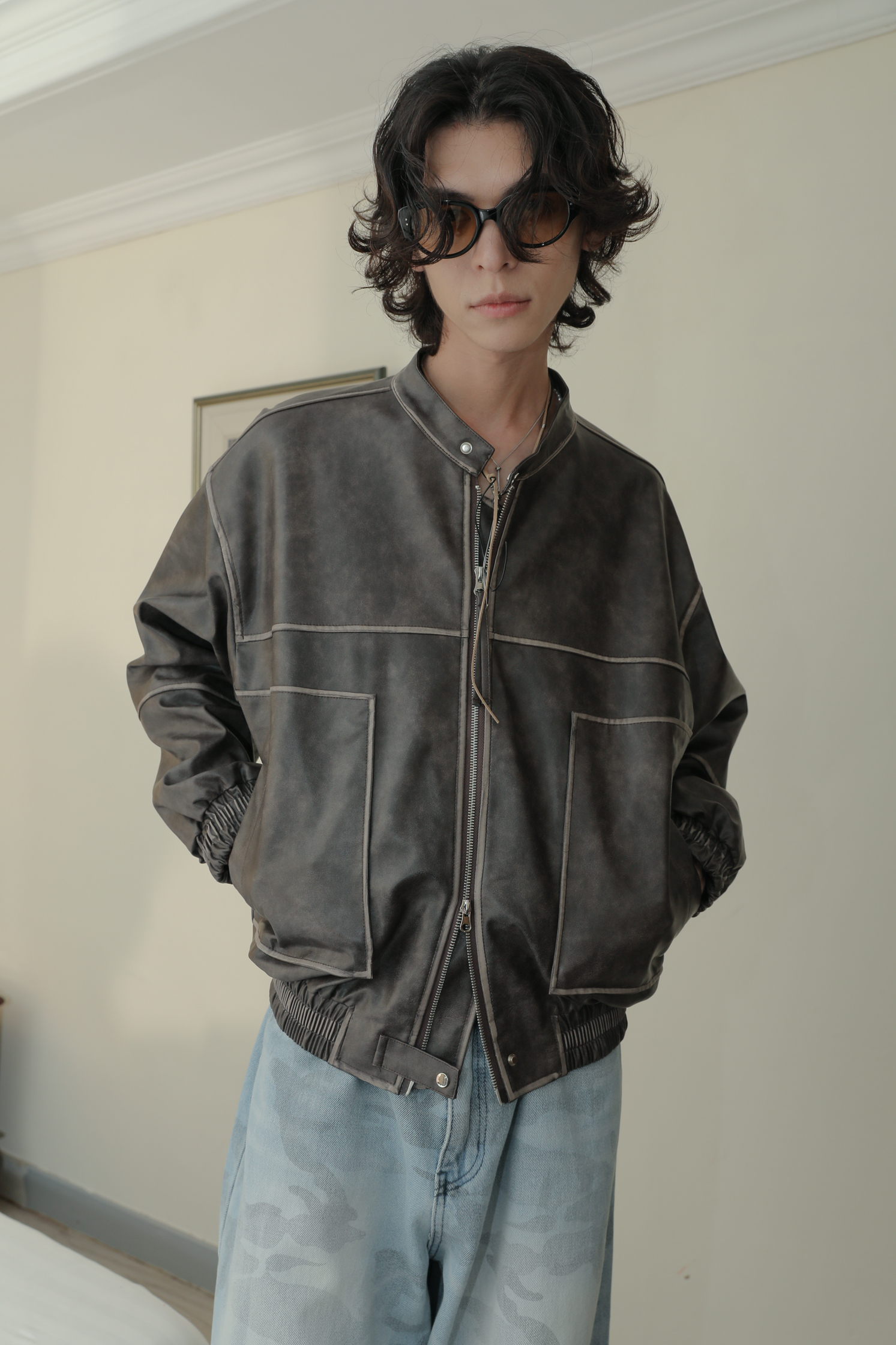 【Unisex】Non Collar Leather Jacket #外套