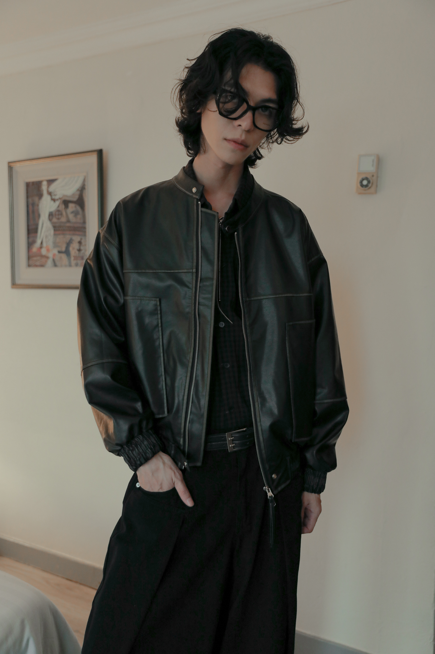 【Unisex】Non Collar Leather Jacket #外套