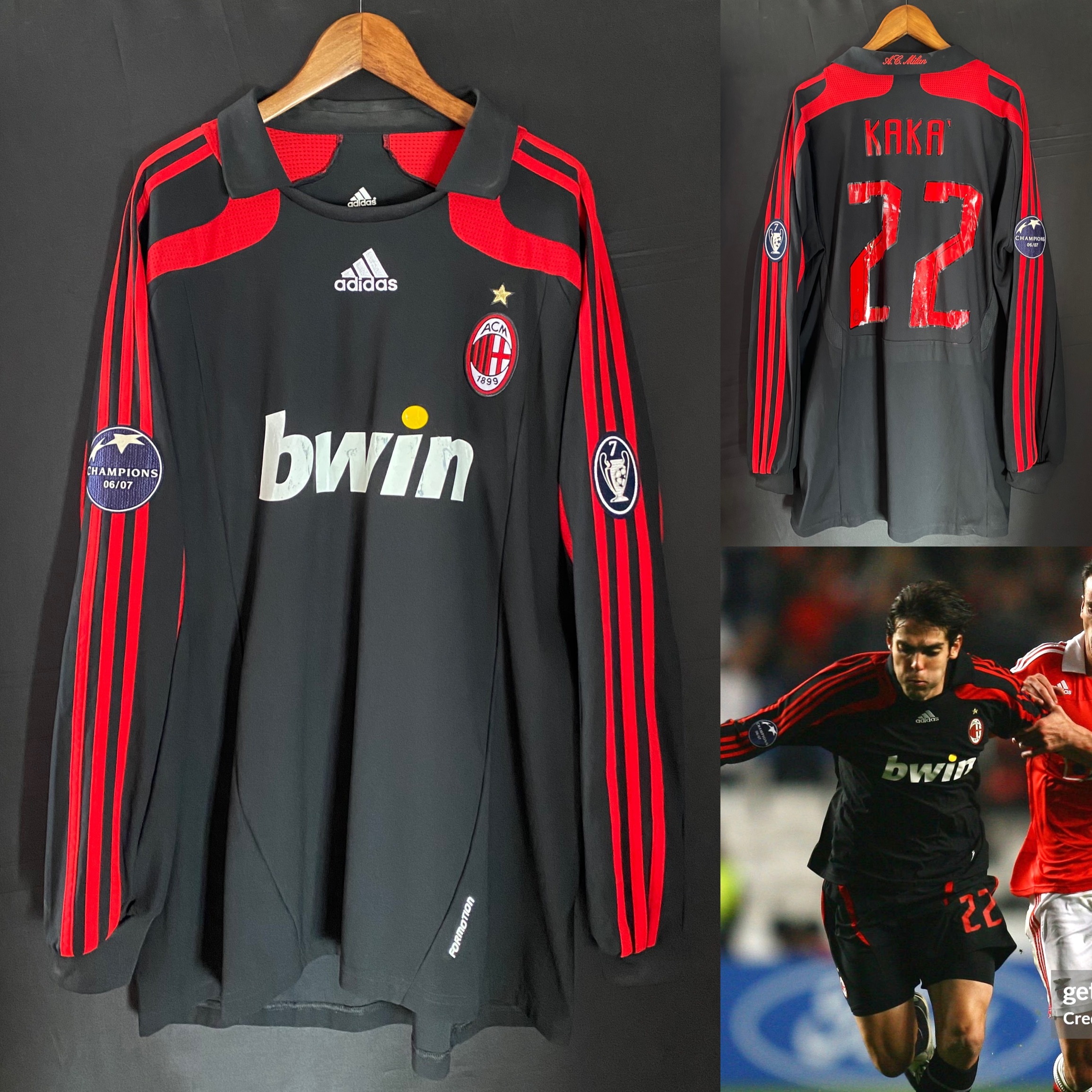 (Match Issue) AC Milan 2007-2008 UEFA Champions League Adidas L/S Third Match Worn Issue Shirt #22 KAKA