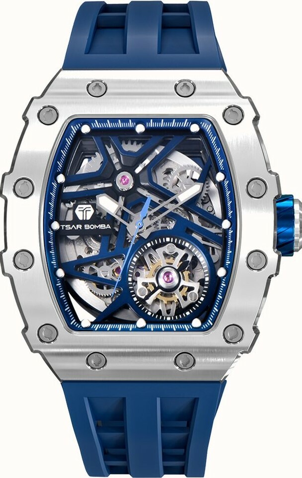 萬年鐘錶 - TSAR BOMBA 機械公爵 銀色框矽膠錶帶機械透視機芯男錶 TB8209A-03  錶徑 43.5MM
