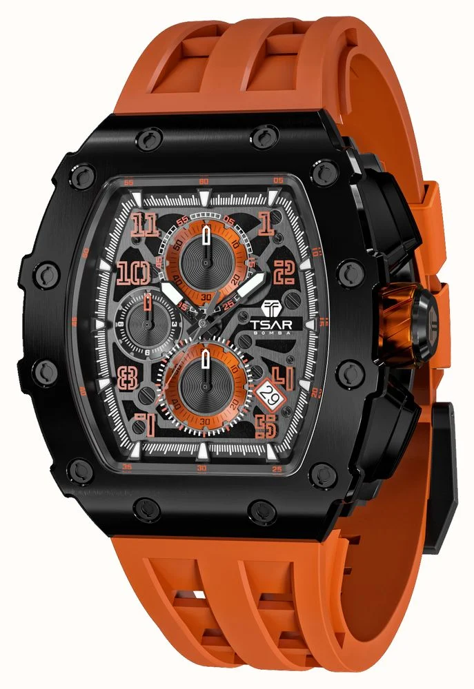 萬年鐘錶 - TSAR BOMBA 機械公爵 元素面盤黑框賽車橘三眼計時矽膠錶帶男錶  TB8204Q-12  錶徑 43MM