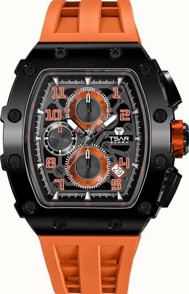 萬年鐘錶 - TSAR BOMBA 機械公爵 元素面盤黑框賽車橘三眼計時矽膠錶帶男錶  TB8204Q-12  錶徑 43MM