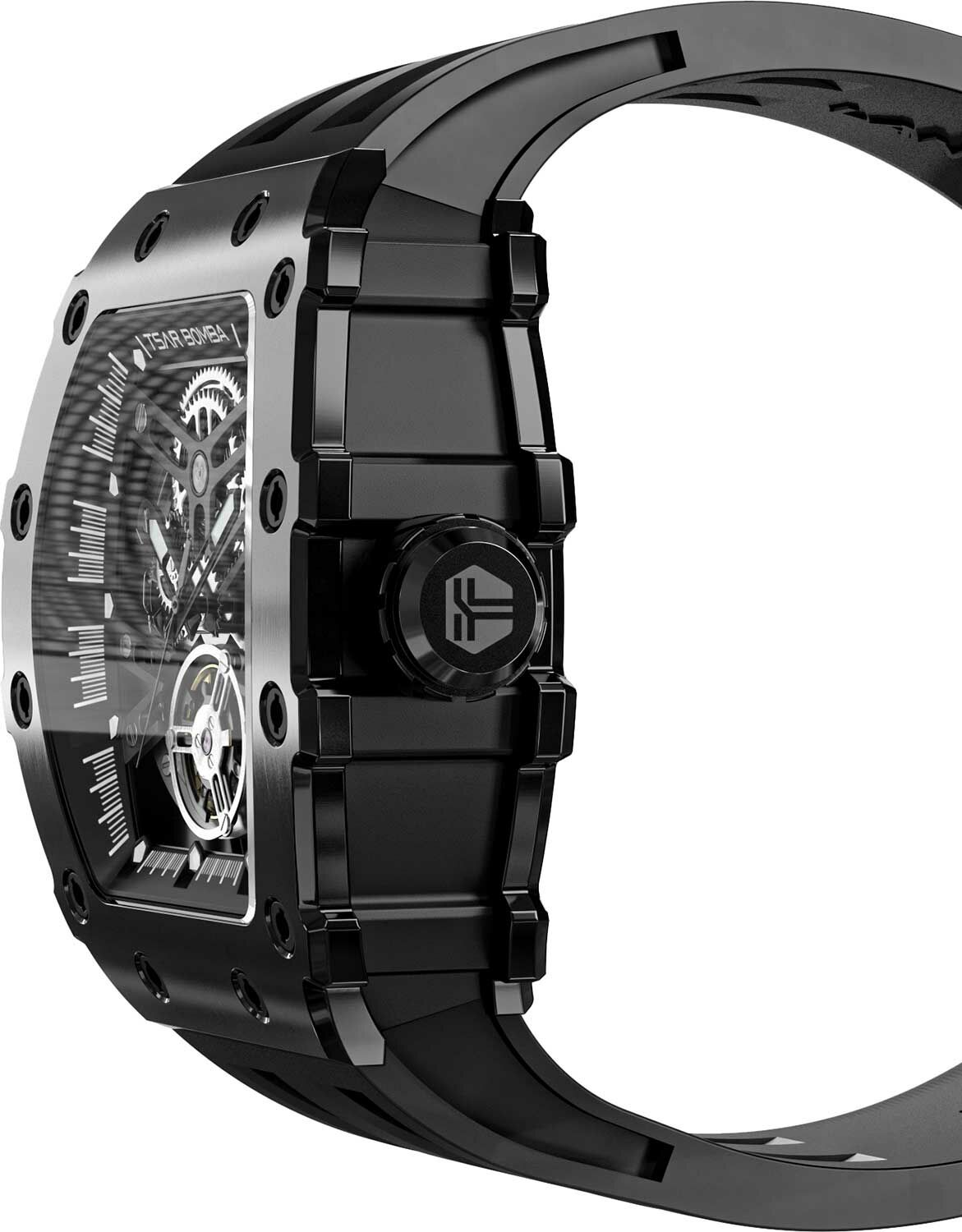 萬年鐘錶 - TSAR BOMBA 機械公爵 黑色框矽膠錶帶機械透視機芯男錶  TB8208A-15 錶徑 43.5MM