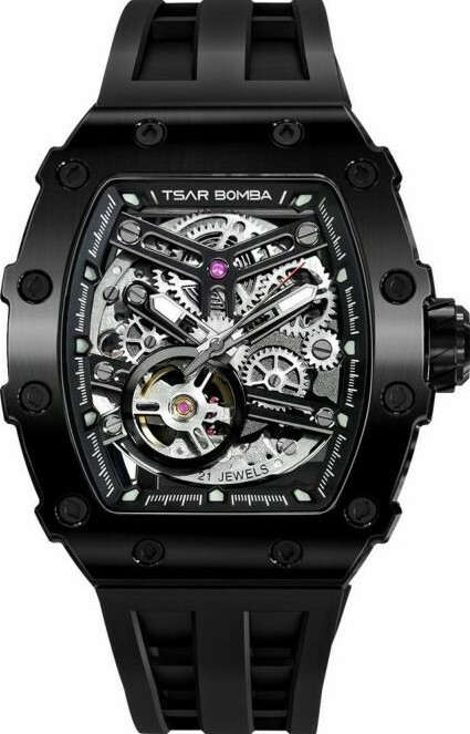 萬年鐘錶 - TSAR BOMBA 機械公爵 黑色框矽膠錶帶機械透視機芯男錶  TB8208A-15 錶徑 43.5MM