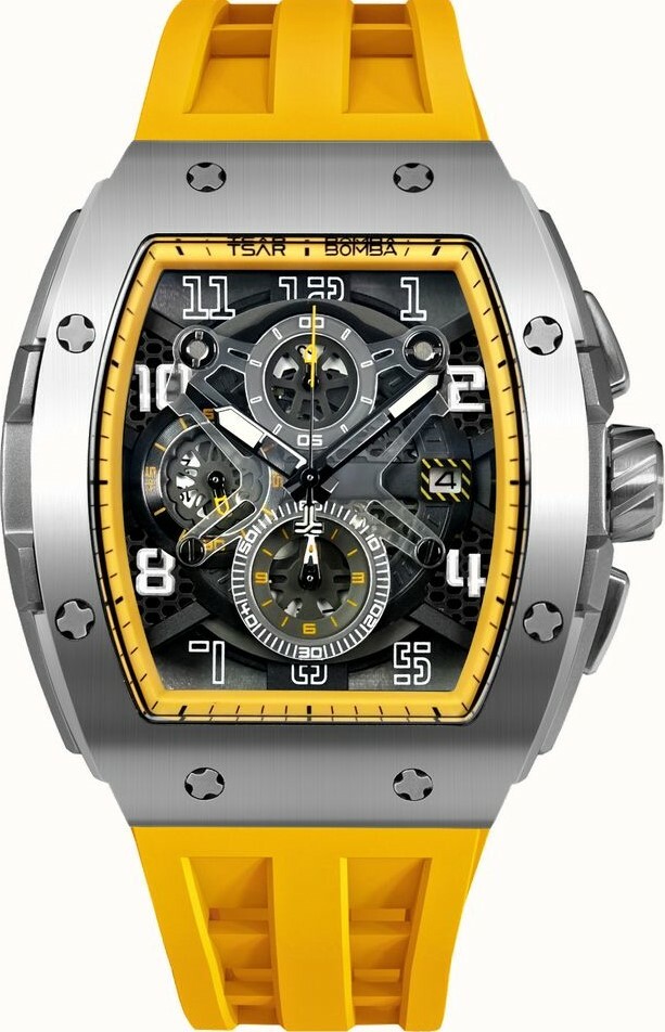 萬年鐘錶 - TSAR BOMBA 機械公爵 元素面盤銀框黃蜂色三眼計時矽膠錶帶男錶  TB8211Q-06  錶徑 43MM