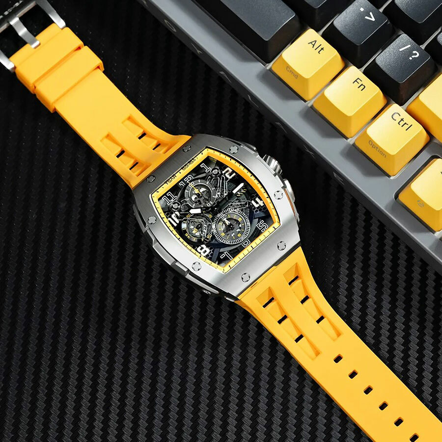萬年鐘錶 - TSAR BOMBA 機械公爵 元素面盤銀框黃蜂色三眼計時矽膠錶帶男錶  TB8211Q-06  錶徑 43MM