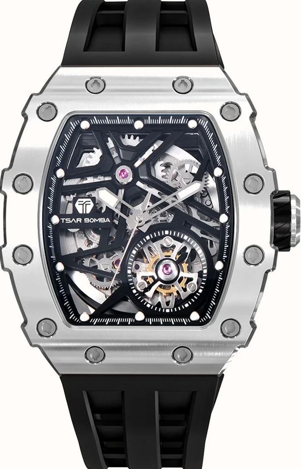 萬年鐘錶 - TSAR BOMBA 機械公爵 銀色框矽膠錶帶機械透視機芯男錶 TB8209A-01 錶徑 43MM