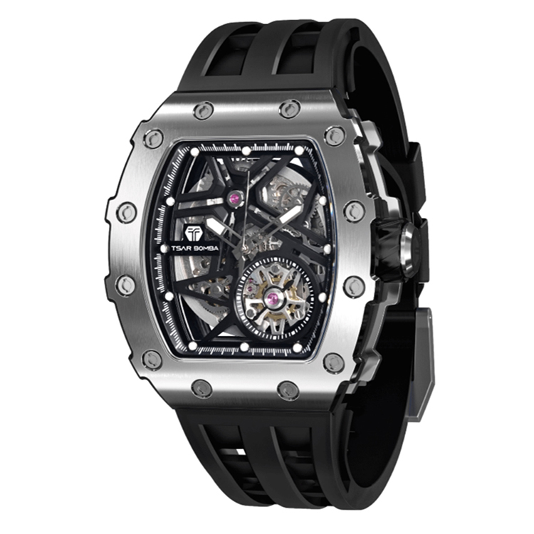 萬年鐘錶 - TSAR BOMBA 機械公爵 銀色框矽膠錶帶機械透視機芯男錶 TB8209A-01 錶徑 43MM