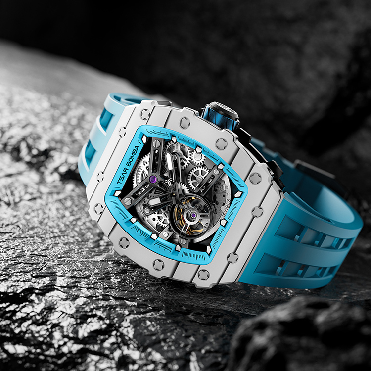 萬年鐘錶 - TSAR BOMBA 機械公爵 碳纖維錶框藍色氟矽膠錶帶機械透視機芯男錶  TB8208CF-06 錶徑 43.5MM