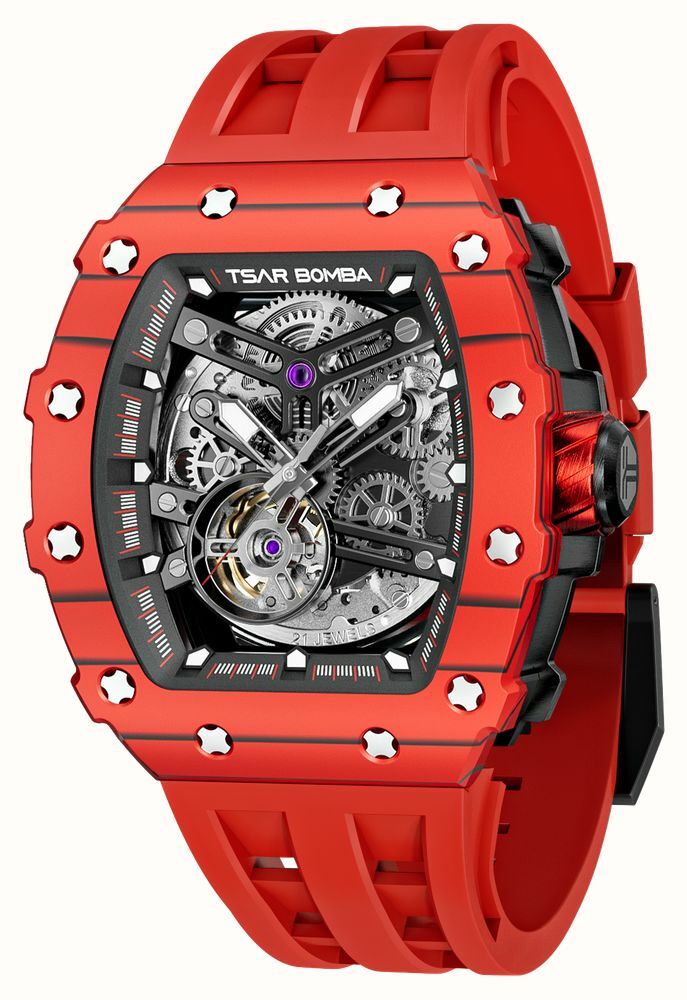 萬年鐘錶 - TSAR BOMBA 機械公爵 碳纖維錶框紅色氟矽膠錶帶機械透視機芯男錶  TB8208CF-07 錶徑 43.5MM