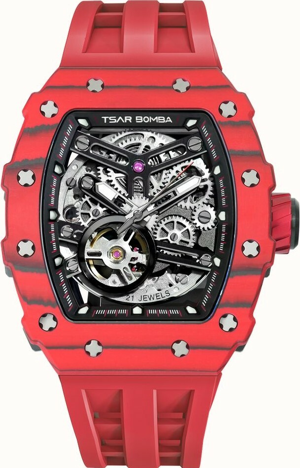 萬年鐘錶 - TSAR BOMBA 機械公爵 碳纖維錶框紅色氟矽膠錶帶機械透視機芯男錶  TB8208CF-07 錶徑 43.5MM