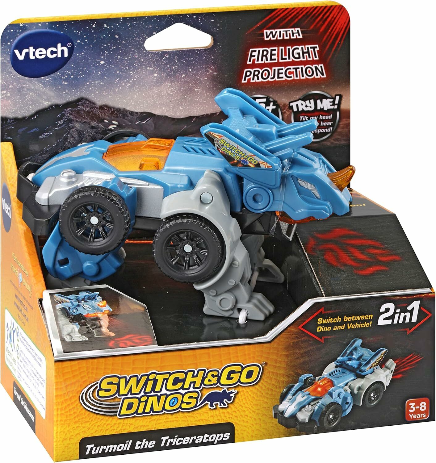 《 英國 Vtech 》 聲光變形恐龍車-三角龍-圖摩爾