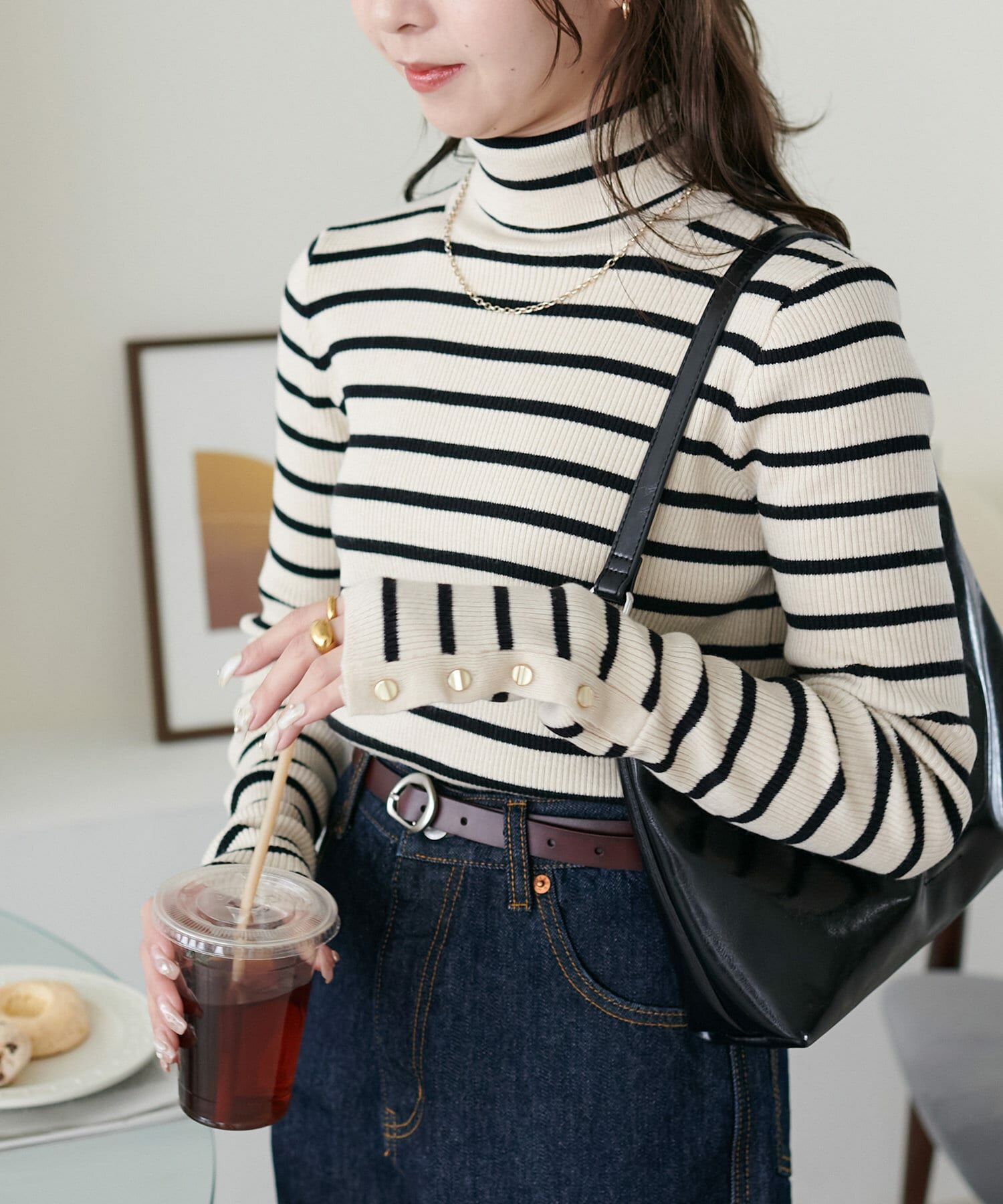 DISCOAT(ディスコート)  【新色追加・全19色展開！】リブ袖口ボタンタートル《WEB限定カラーあり》米條紋（DCZ10A2205A0005）