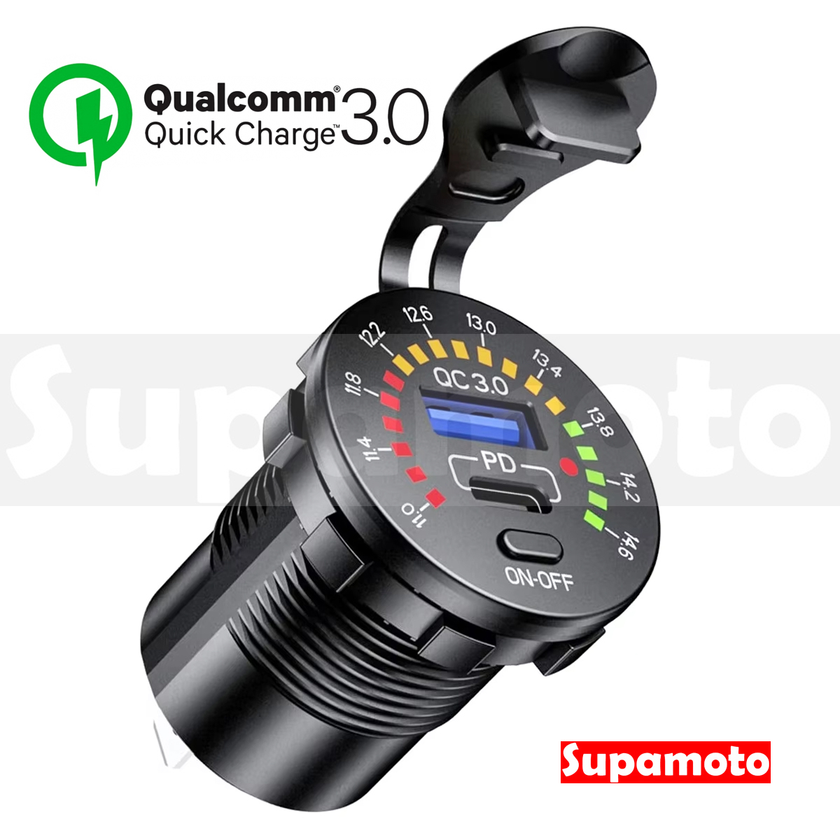 -Supamoto- PD+QC3.0快充+電壓—USB.12 (雙車充/TYPE-C/IP65/防水/開關/汽車)