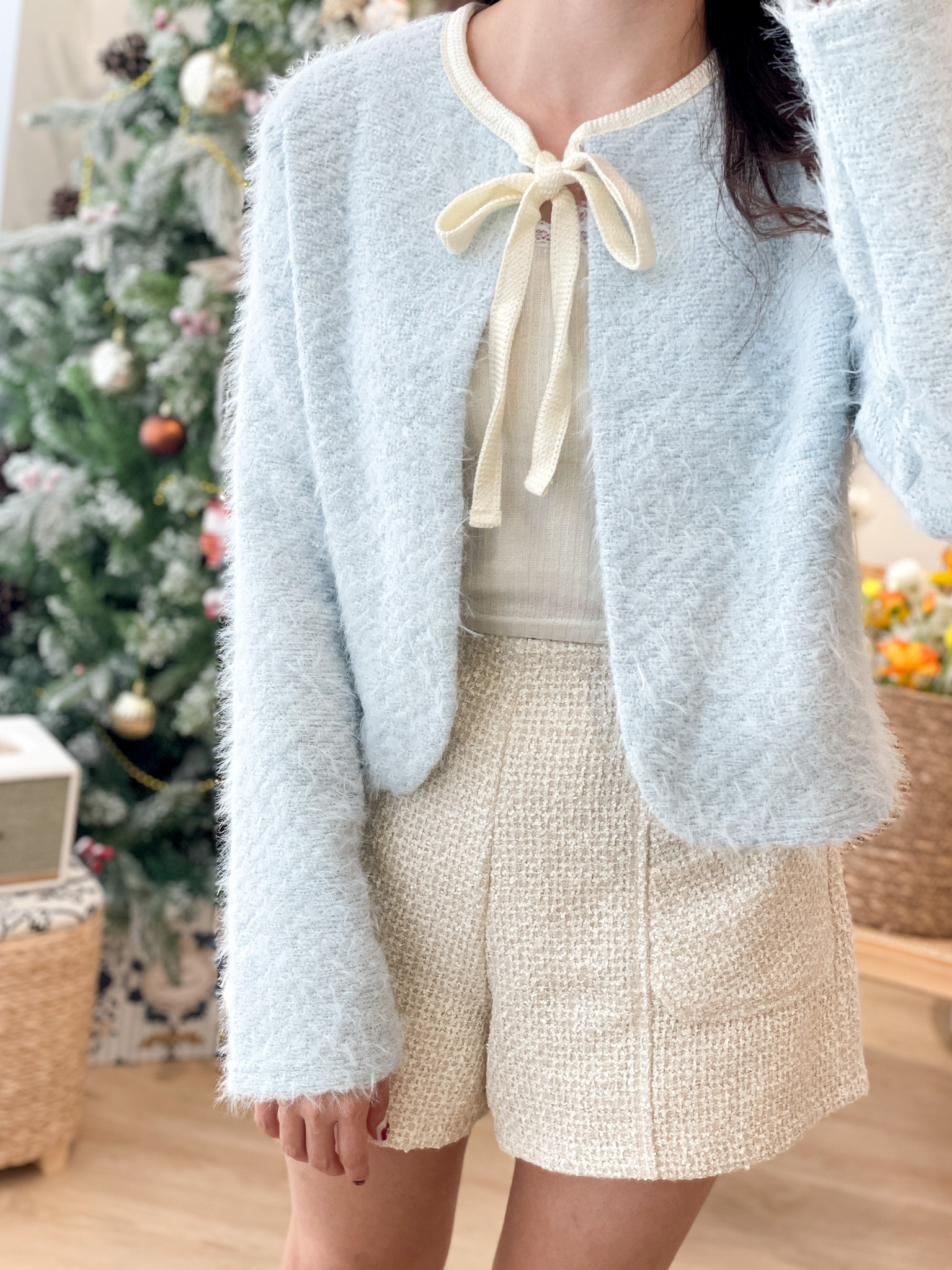 JK220 Fuzzy Tie-Front Cardigan