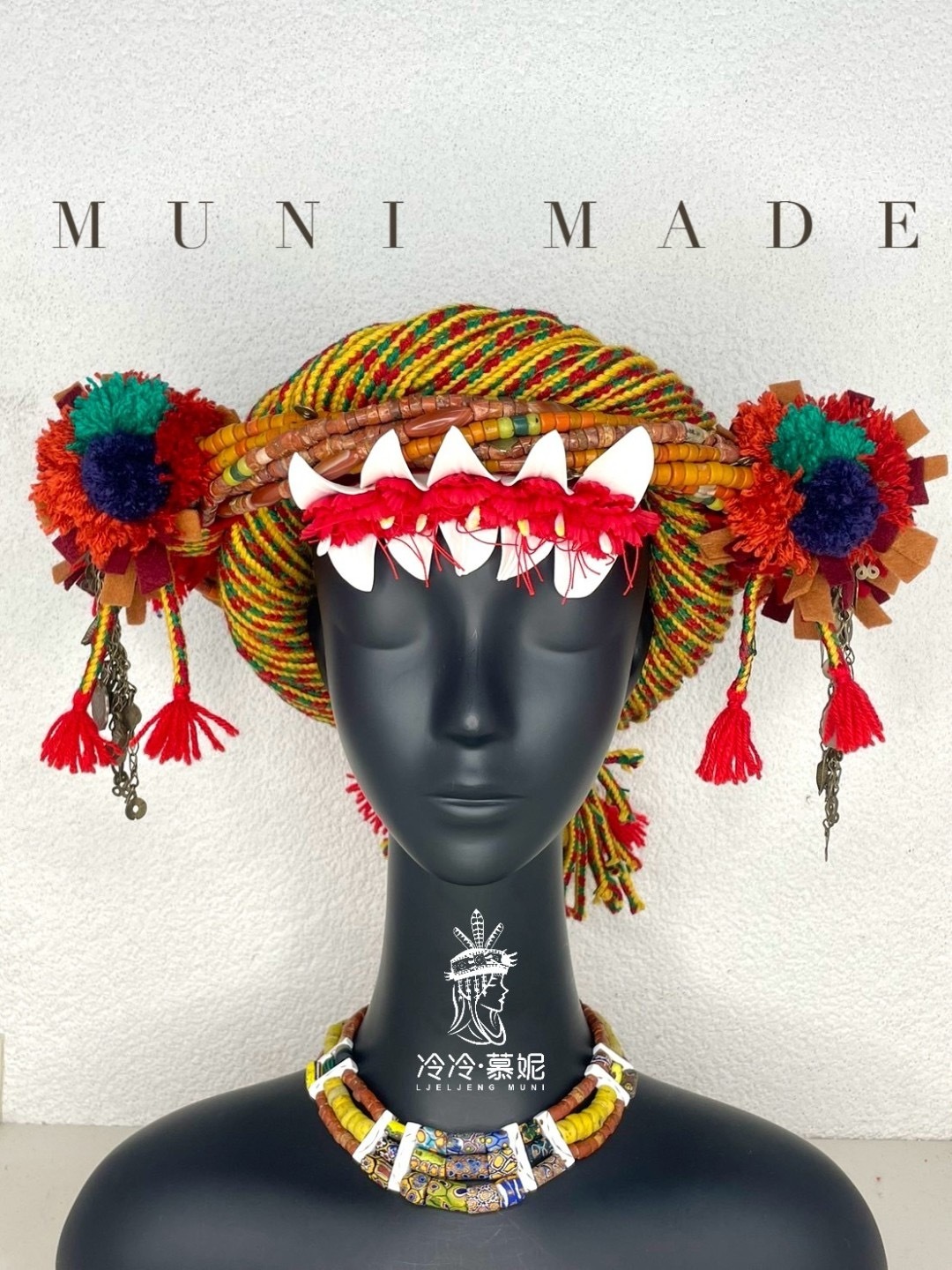 Muni-No.51貿易老珠阿富汗老銀轉珠頭飾57cm