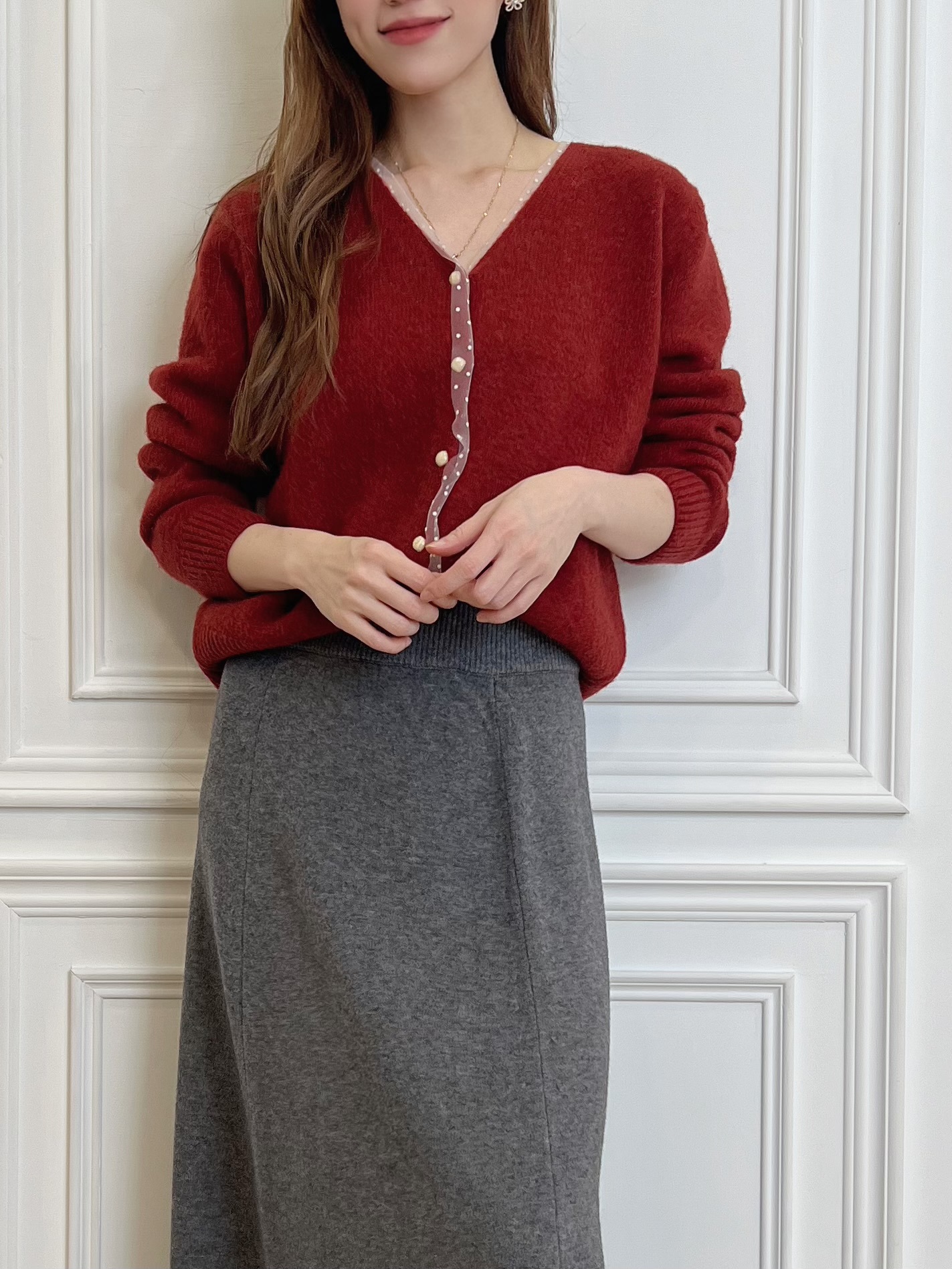 透紗點點開襟毛衣