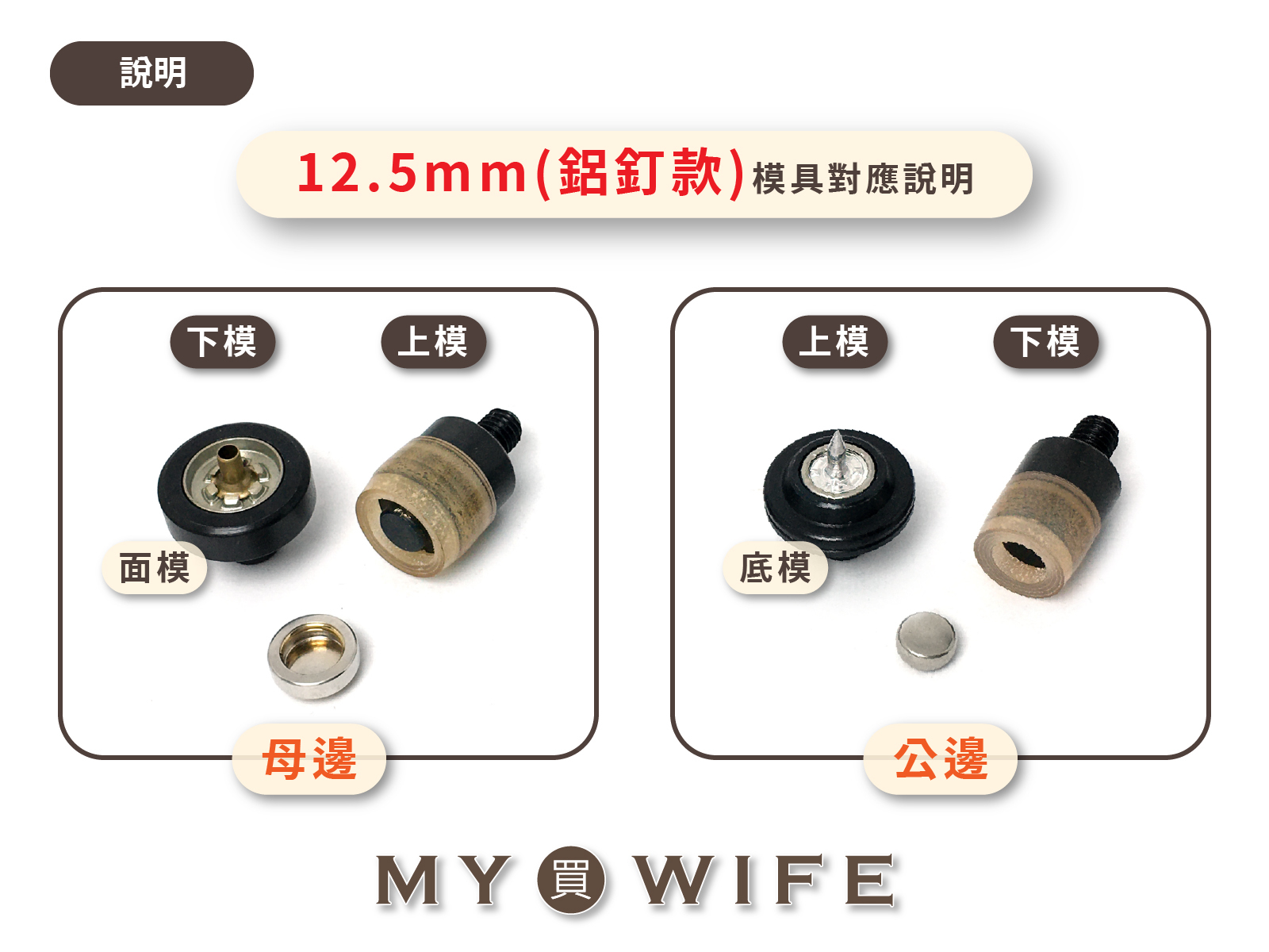 【手夾鉗/手壓台/手冲三用模具】特殊四合釦模具(平面款)_4規格