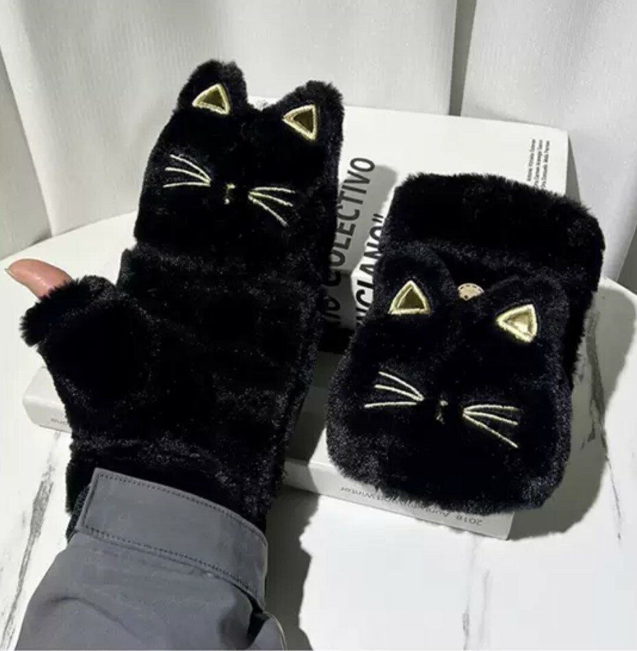 小黑貓翻蓋式毛絨手套